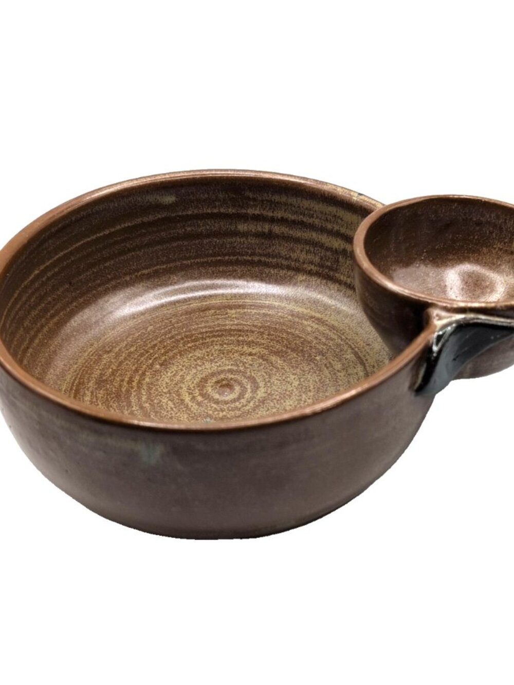 Vintage Handmade Chips 'n Dip Bowl Ceramic Pottery Brown and Green Signed VGC